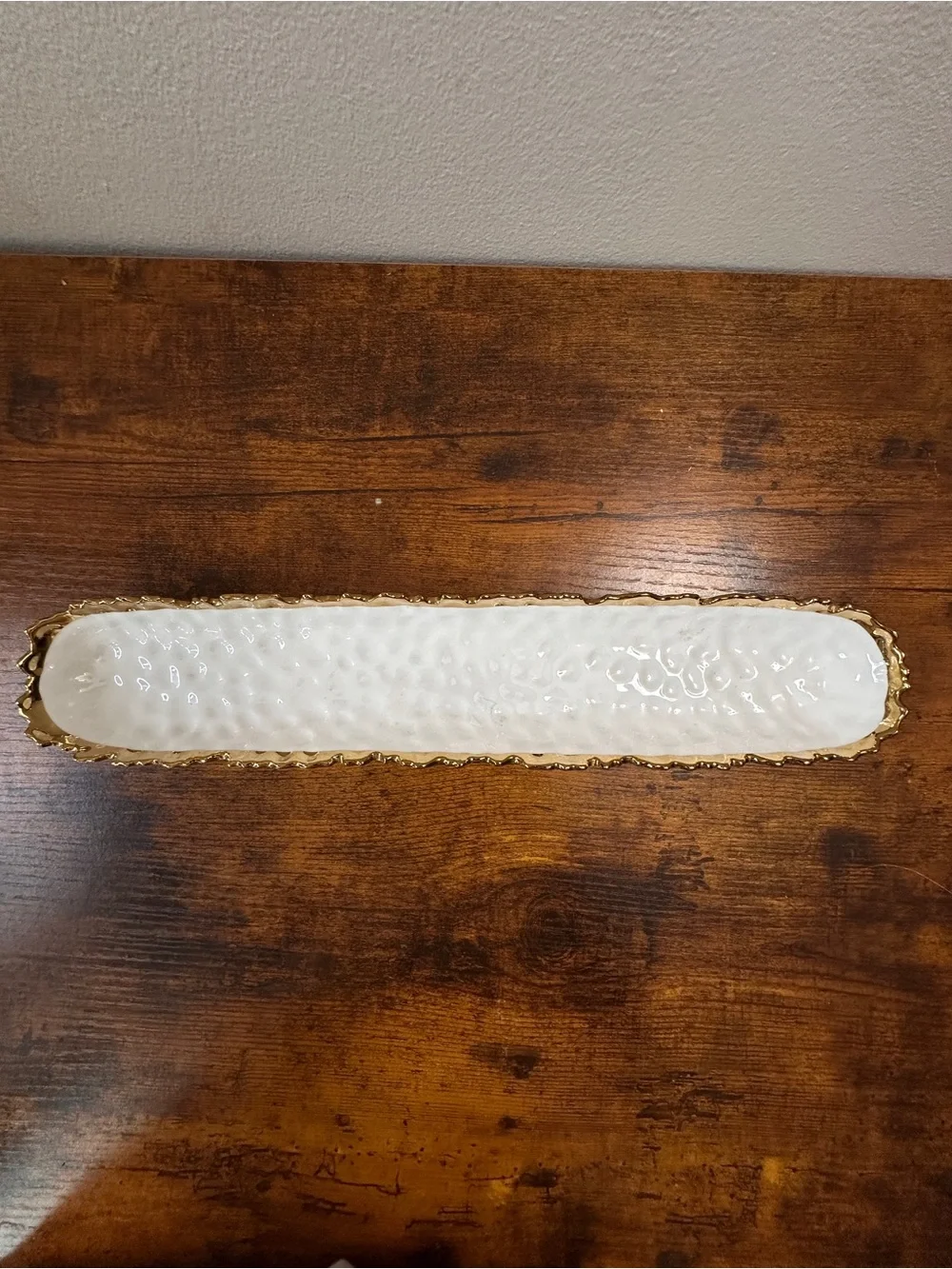 Luna Park Olive Appetizer Serving Dish - Textured White Ceramic with Gold Trim